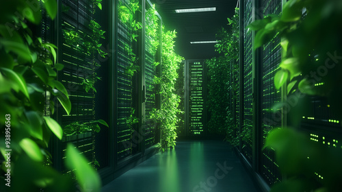 Green Data Center Server Room with Greenery