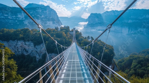 A transparent bridge links two mountains, providing stunning views of cliffs and forested hills