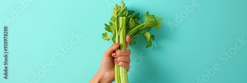 A hand holding a bunch of fresh green celery sticks against a bright teal background, emphasizing its freshness and simplicity.