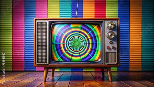 Vibrant colors and geometric patterns dance across the screen of an old television set, showcasing a nostalgic test pattern from a bygone era.