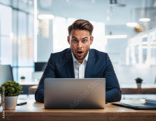 man working on a laptop has a look of amazement on his face