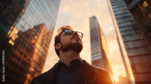 Confident male professional looks up with hope amidst city skyscrapers at sunset.