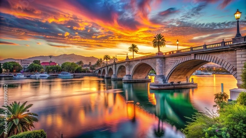 Vibrant sunset casts a warm glow on the iconic London Bridge replica in Lake Havasu City, Arizona, surrounded by calm waters and lush trees.