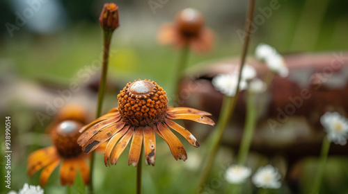 The concept of a world without war. Metal militarized flowers close-up.