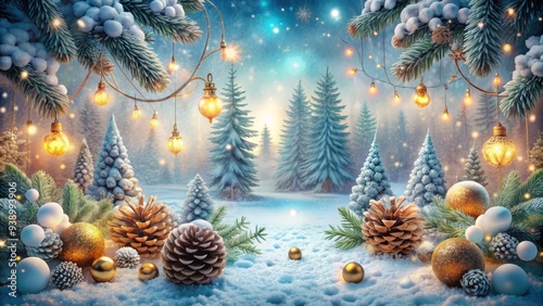 Whimsical winter wonderland illustration features snowflakes, pinecones, and festive ornaments amidst a magically lit snowy forest, evoking a sense of enchanting Christmas cheer.