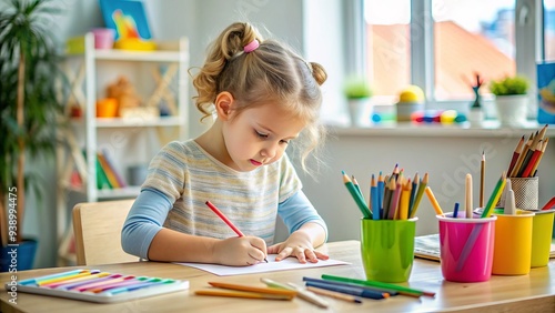 Young Girl Drawing With Colored Pencils, Paper, And Crayons At A Messy Desk