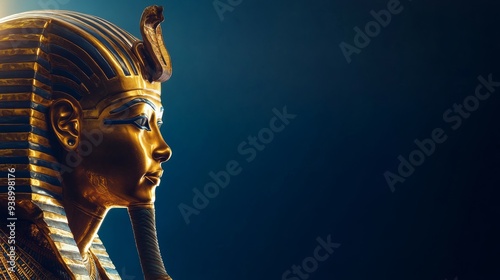 This striking replica of King Tutankhamun's burial mask captures the intricate details and vibrant colors, set against a deep blue backdrop that enhances its regal presence