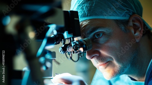 A skilled eye doctor focuses intently on a male patient while conducting laser vision correction using advanced instruments in a medical environment