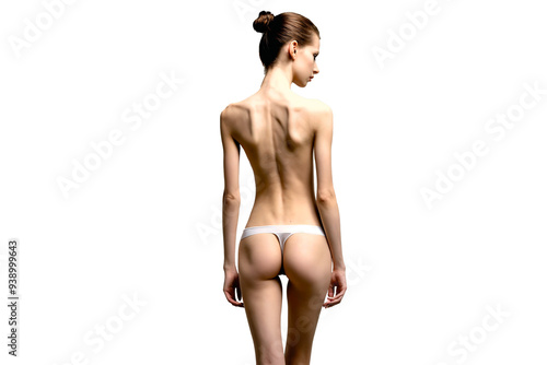 very thin girl, bare back from behind, anorexia, eating disorders, transparent background