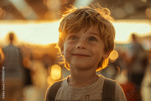 In bustling airport, a wide-angle view captures adorable little boy's excitement as he explores terminal, his eyes sparkling with wonder and curiosity, while warm glow of sunset bathes scene in a gol