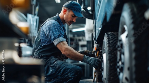 A mechanic is focused on servicing a large commercial vehicle, using various tools in a well-lit garage. The professional exhibits skill and attention to detail