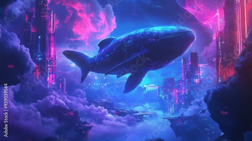 Futuristic dreamscape with giant fish floating through a neon-lit sky, blending surreal elements with advanced technology in a mesmerizing scene