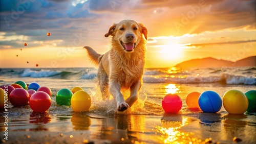 Vibrant playful golden hour beach scene featuring happy wet dog running free alongside colorful beach balls toys and inflatables with soft warm sunlight and shallow focus