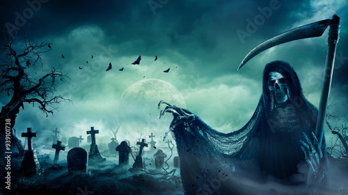 Grim Reaper In Graveyard With Halloween Moon