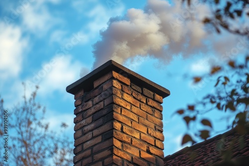 Smoke is coming out of a brick chimney on a sunny day