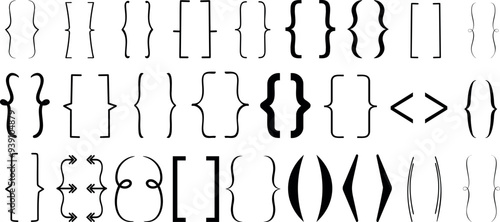 Bracket, braces, parenthes vector set, Diverse curly bracket styles for design, coding, and typography. Ideal symbol for software, graphic design, and programming visuals