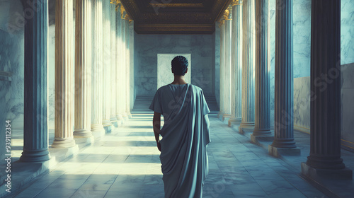 A young Roman man in a toga walking through the corridor of an ancient Greek temple,