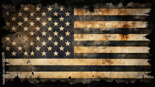 Frayed and worn, a symbolic black American flag with tattered edges and fading stars, conveying a sense of social unrest and patriotic disillusionment.