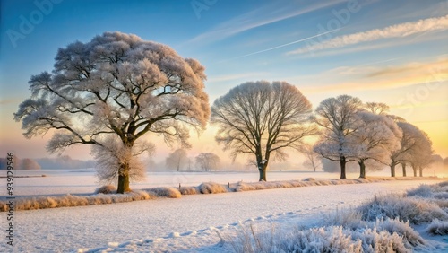 Frosty misty morning in Norfolk countryside, bare trees stand tall amidst snow-covered fields, winter silence prevailing in the serene rural landscape.