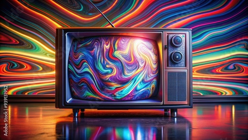 Glitchy, distorted TV screen displays interlaced video art, swirling patterns of colorful static and noise, evoking nostalgic VHS era broadcasting and retro technology aesthetics.