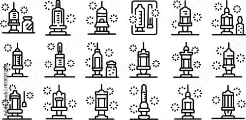 Plastic syringe icons set. Line icons representing vaccine syringes, celebrating immunization milestones with festive fireworks, symbolizing disease eradication