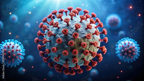 Illustration of COVID-19 coronavirus molecule structure, featuring spherical shape, spike proteins, and genetic material, against a dark blue background with subtle texture.