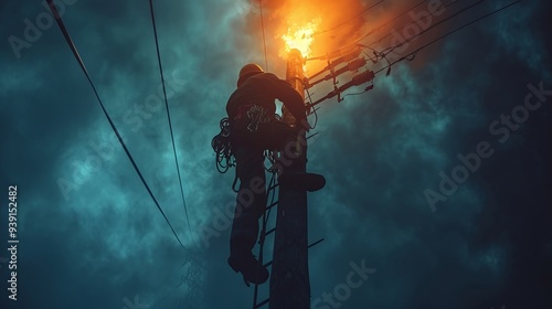 A dedicated lineman ascends a utility pole illuminated by flames, navigating the challenges of high-voltage repairs amidst a stormy, dramatic backdrop