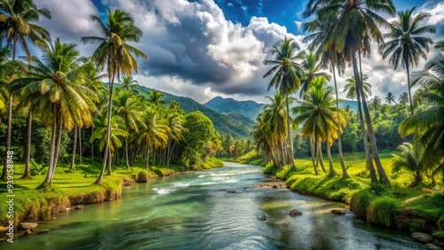 Majestic river flowing through lush greenery and towering palm trees in a serene Colombian landscape, capturing tropical tranquility and natural beauty.