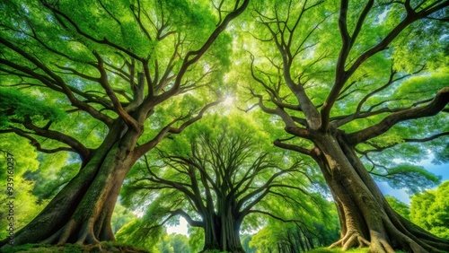 Majestic trees with lush green foliage stand tall, symbolizing the lungs of the earth, cleansing the air and providing a tranquil atmosphere.