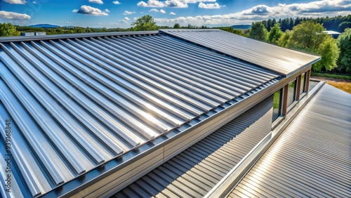 Modern standing seam metal roof with sleek, silver corrugated panels glinting in sunlight, providing durable and weather-tight protection for a contemporary building structure.