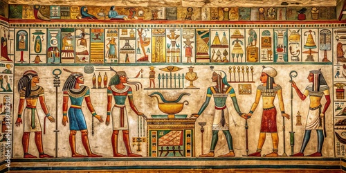 Ancient Egyptian Hieroglyphics Wall Mural: Intricate hieroglyphs, hieroglyphic script, ancient Egypt, ancient art, Egypt civilization, fresco