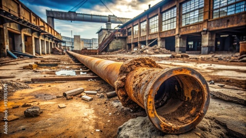 Rusted, corroded industrial pipe with severe cracks and damage, surrounded by dirt and debris, against a grimy, worn-out factory or warehouse background.