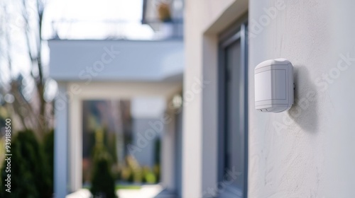 Motion sensor with light detector mounted on exterior wall of private house as part of security system