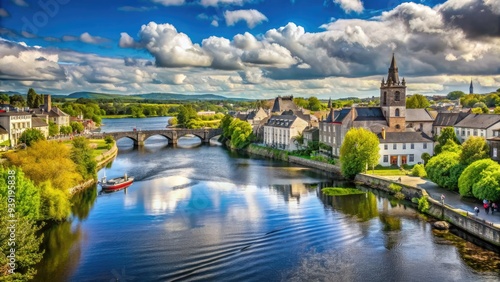 Serenene Irish countryside landscape featuring the majestic River Shannon flowing gently through the picturesque town of Athlone with lush greenery and rolling hills.