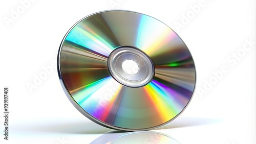 Shiny silver compact disc standing upright on a pure white background, highlighting its reflective surface and prominent central hole.