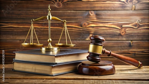 Stack of legal books, gavel, and scales of justice on wooden desk, symbolizing law, order, and fairness in a professional, organized, and authoritative environment.