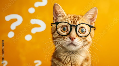 Curious and perplexed cat has a lot of questions, confused cat student, study learning education concept.