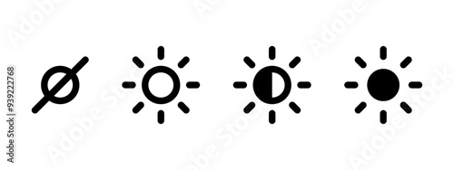 Screen brightness icon set. Display brightness control buttons collection. Camera contrast adjustment symbol. Saturation indicator illustration. Monitor bright level pictogram for web and apps.