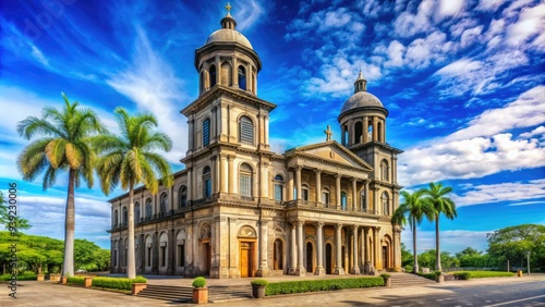 Vibrant colors and imposing architecture of the Cathedral of Managua, a stunning landmark in Nicaragua's capital city, set against a bright blue sky.