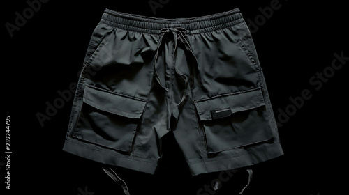 Black cargo shorts with a drawstring waist and multiple pockets.