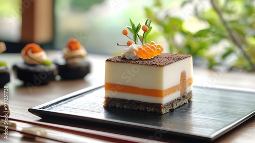 Layered Mousse Cake with Orange Topping and Decoration