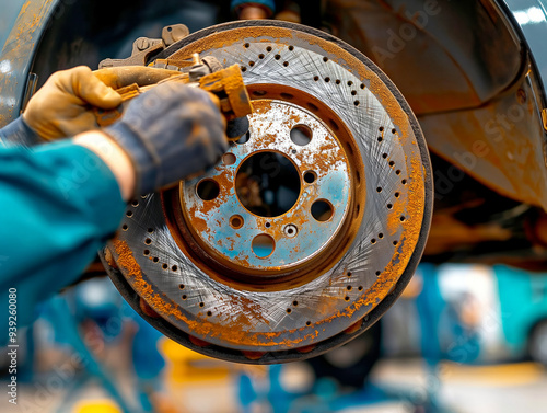 A person is working on a car's brake rotors. Concept of manual labor and the importance of maintaining a vehicle's safety