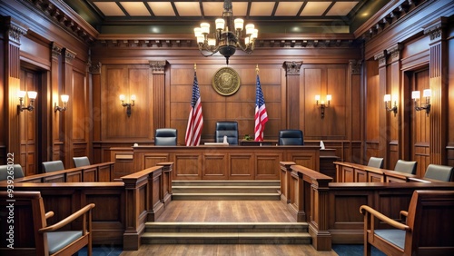 Wooden judge's bench and chairs in a formal, dimly lit courtroom with a high ceiling, flag, and rows of empty seats, awaiting trial proceedings.