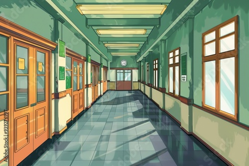 An animated hallway with a bright and clean appearance, featuring large windows, warm lighting, and a classic clock on the wall, giving a welcoming ambiance.