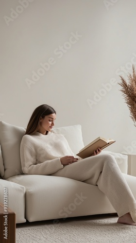 Relaxing afternoon of reading on a cozy sofa in a minimalist modern living room