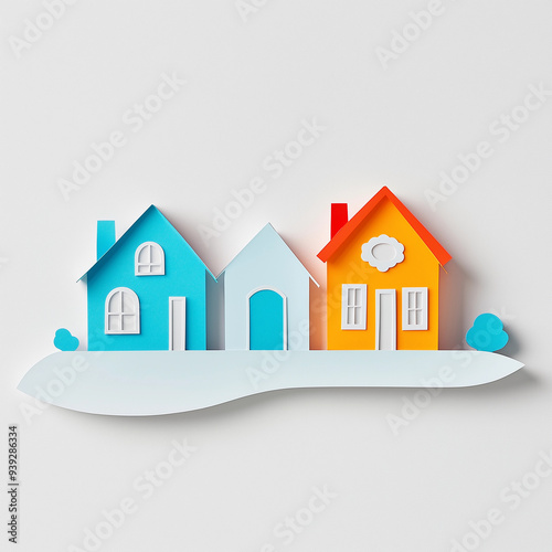 3d paper cut colorful houses blue yellow white background generational living concept family home real estate property investment visual design