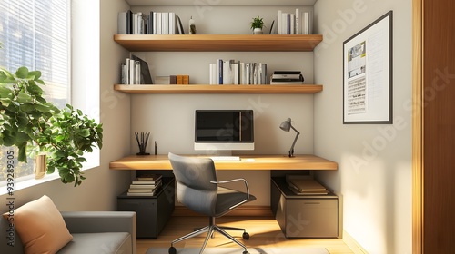 12. A compact office space with a wall-mounted desk, floating shelves, and a minimal chair