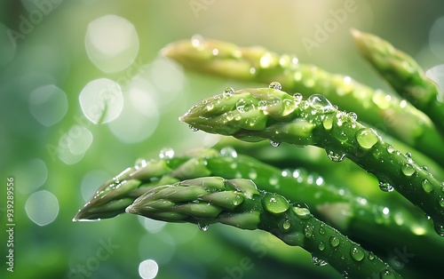 Close-Up of Fresh Asparagus Spears with Water Droplets in Soft Morning Light