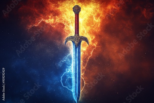 A timeless sword with a classic design is featured against an electrifying backdrop of intense blue and red flames, representing a clash of elemental forces.