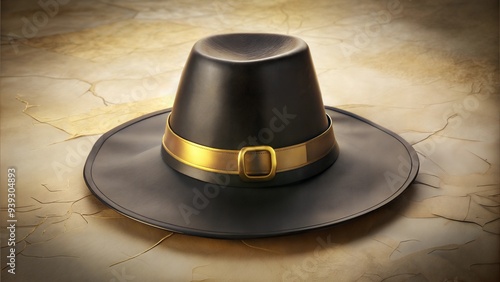 Classic Black Pilgrim Hat with Gold Buckle on Aged Parchment Background